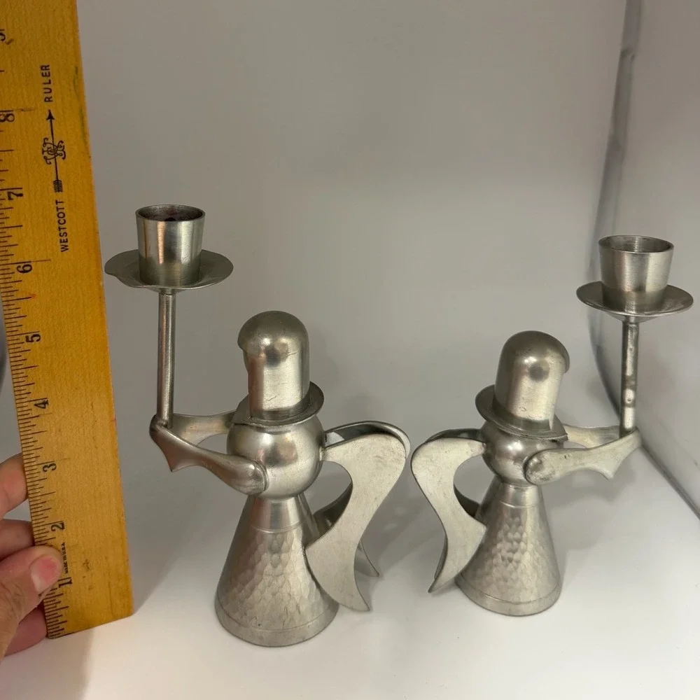 Banka Tin Silver Pewter Angel Candle Holders Hammered Set of 2